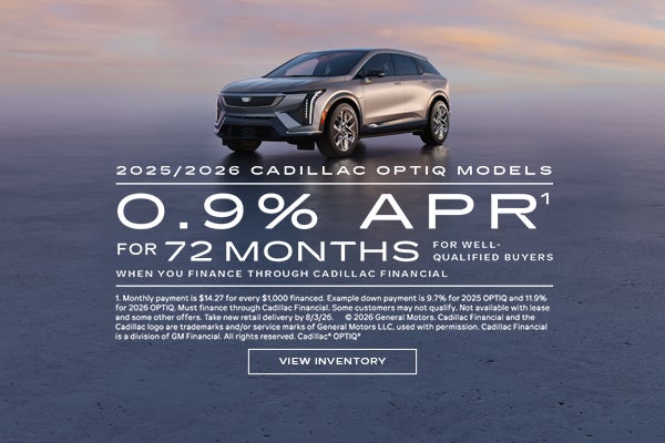 2025 and 2026 Cadillac OPTIQ. 0.9% APR for 72 months.